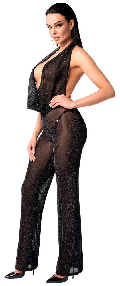 Noir Transparenter Neckholder-Overall aus edel schimmerndem Powernet mit tiefem Wasserfall-Ausschnitt- Rückenfrei