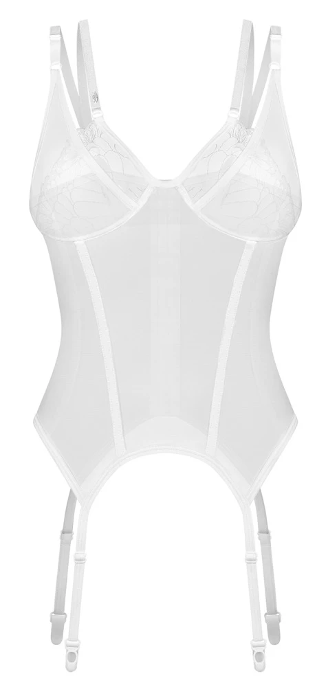 Weiß transparentes Strapshemd Arrowel von Obsessive mit soften Bügel-Cups, zarter Spitze und verstellbaren Doppelträgern Weiß transparentes Strapshemd Arrowel von Obsessive mit soften Bügel-Cups, zarter Spitze und verstellbaren Doppelträgern