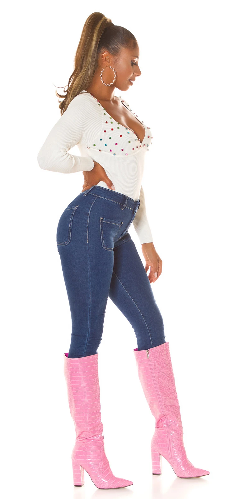 High Waist Skinny Jeans mit hippem Taschen Look High Waist Skinny Jeans mit hippem Taschen Look