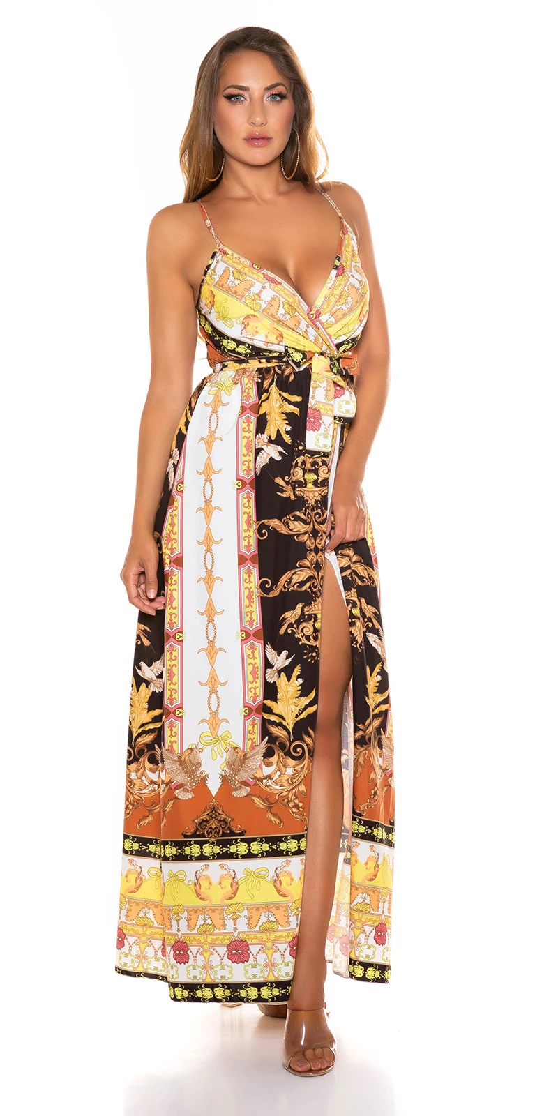 Luxury Seiden Look Maxi Träger Kleid mit Beinschlitz und Gürtel Luxury Seiden Look Maxi Träger Kleid mit Beinschlitz und Gürtel