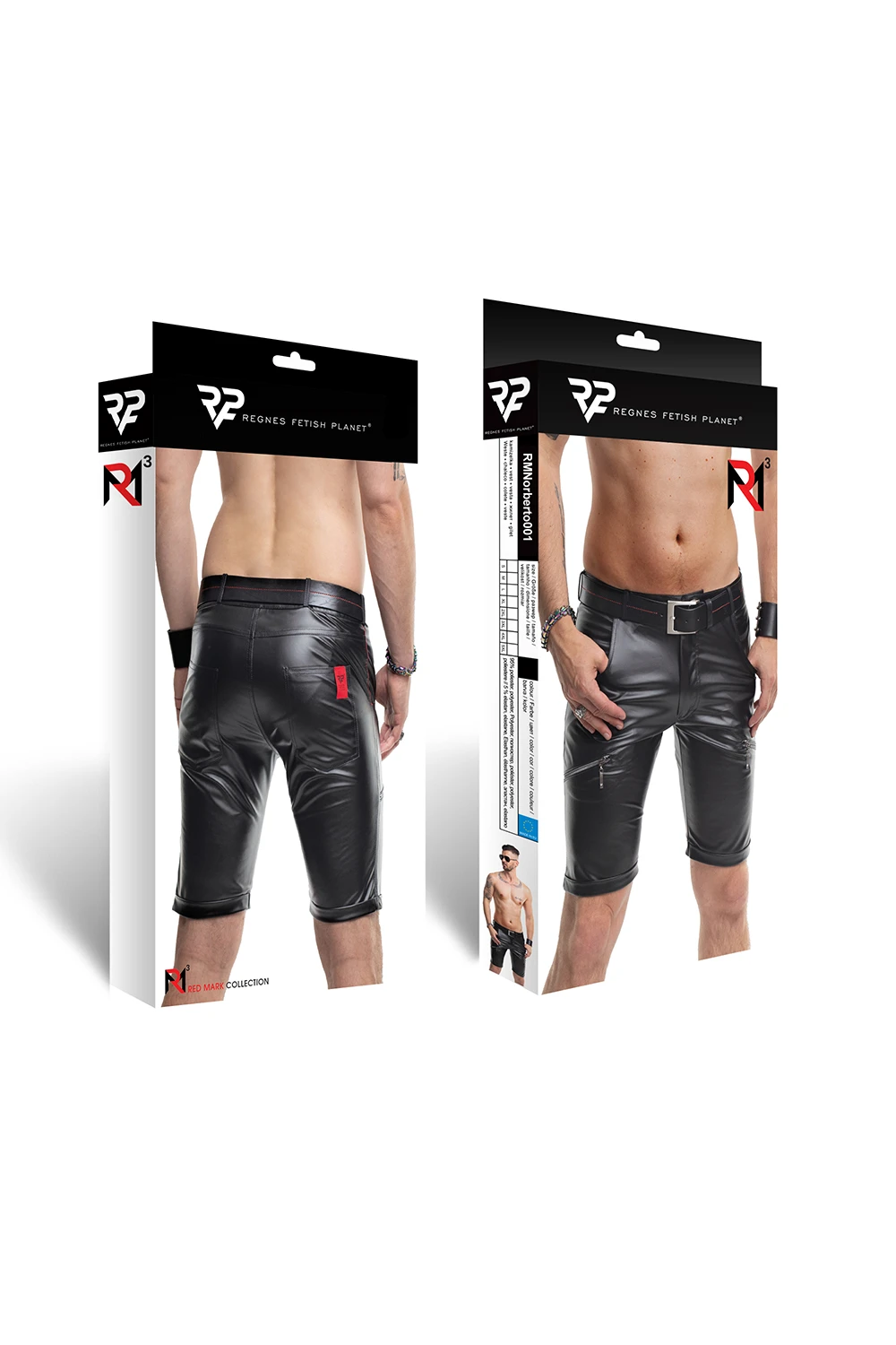 Lässige Herren Shorts aus schwarzem Wetlook – RMNorberto001 mit vier Taschen und rotem RFP-Logo für markanten Style von Regnes Fetish Planet Lässige Herren Shorts aus schwarzem Wetlook – RMNorberto001 mit vier Taschen und rotem RFP-Logo für markanten Style von Regnes Fetish Planet