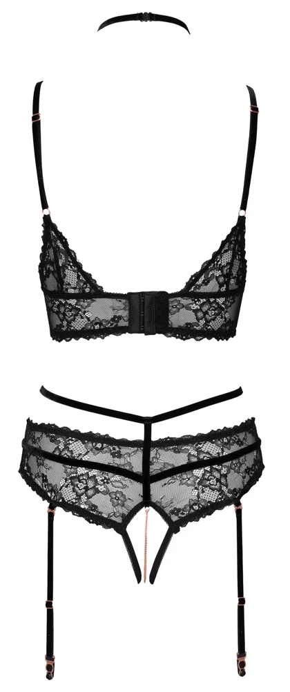 Bralette und Straps-Slip ouvert im Set von Abierta Fina. Feine Spitze und streichelweicher Samt im aufregenden Styling mit roségoldfarbenen Metallelementen und glitzernden Strassringen.