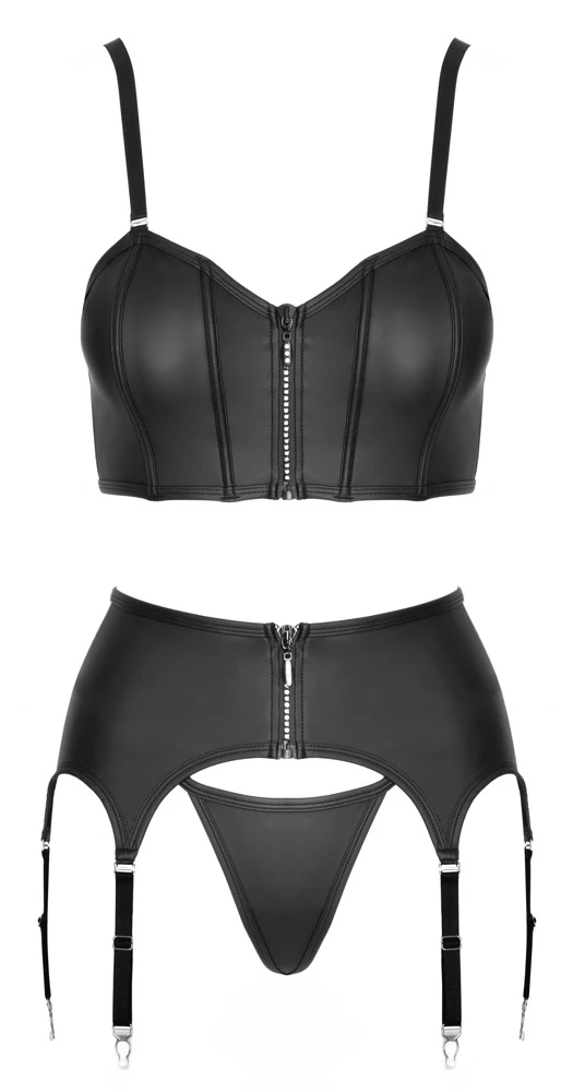3-teiliges Straps-Set im schwarzen Mattlook von Cottelli PARTY mit Corsagen-Top, Strapsgürtel, String und funkelnden Glitzer-Reißverschlüssen