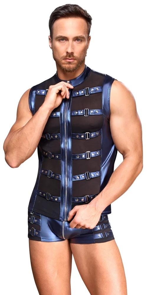 Ärmelloses Shirt von NEK mit Metallic-Mattlook in Blau, Powernet-Einsätzen, Stehkragen und Reißverschluss für markanten Style Ärmelloses Shirt von NEK mit Metallic-Mattlook in Blau, Powernet-Einsätzen, Stehkragen und Reißverschluss für markanten Style