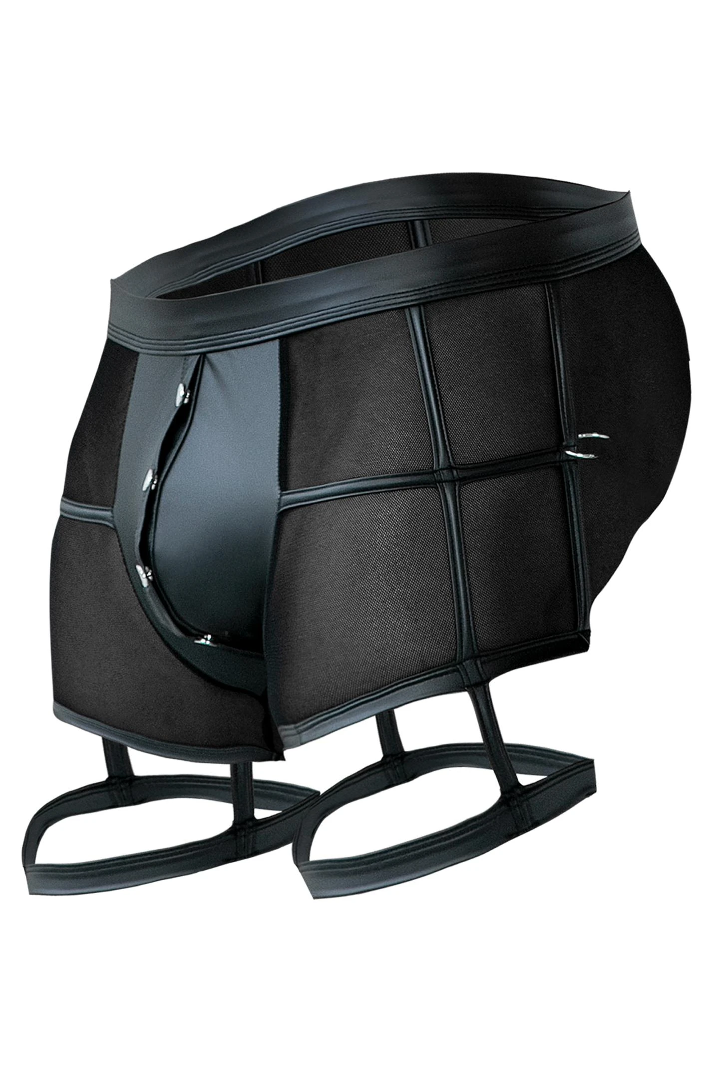 Schwarzer Prison Shorts – sexy Mix aus glattem Stretch und feinem Netz mit öffnendem Suspensorium, Handschlaufen und markantem CUT4MEN Frontlogo