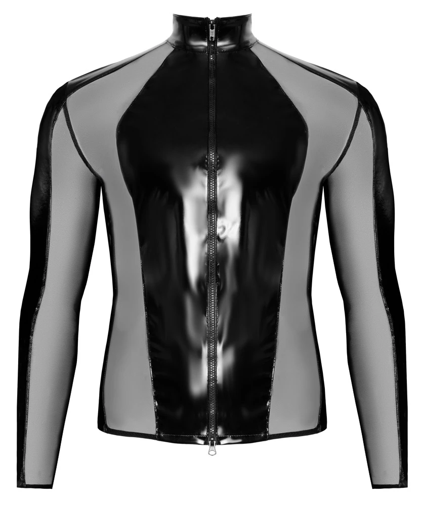 Extravagantes schwarzes Langarm-Shirt von Black Level aus glänzendem Lack mit aufregend transparenten Netz-Einsätzen. Extravagantes schwarzes Langarm-Shirt von Black Level aus glänzendem Lack mit aufregend transparenten Netz-Einsätzen.