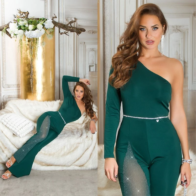 One Shoulder Long Jumpsuit Overall mit Glitzer Mesh und Schlag One Shoulder Long Jumpsuit Overall mit Glitzer Mesh und Schlag