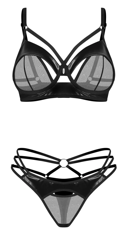 Obsessive Dominna Dessous Set – Bügel-BH & Riostring, Wetlook-Netz Mix, Riemchen-Optik, verstellbar, elastisch & offen