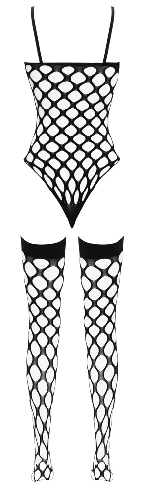 Fantasy by Cottelli Netz-Set Damen Body Rio-Style halterlose Strümpfe große Netzmaschen nahtlos elastisch Reizwäsche Dessous Bodystocking Schwarz