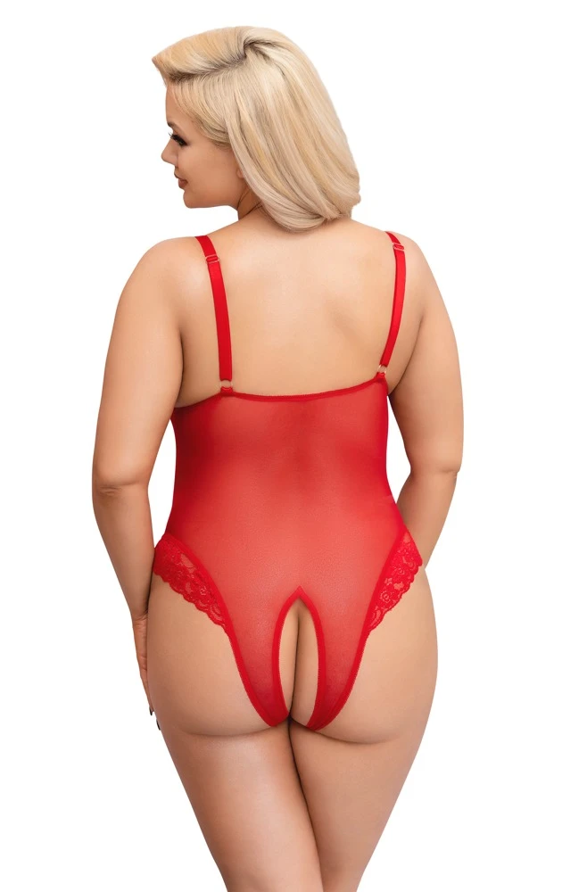 Cottelli Powernet-Bodysuit mit Spitzen-Einsätzen und Ouvert-Design in Rot