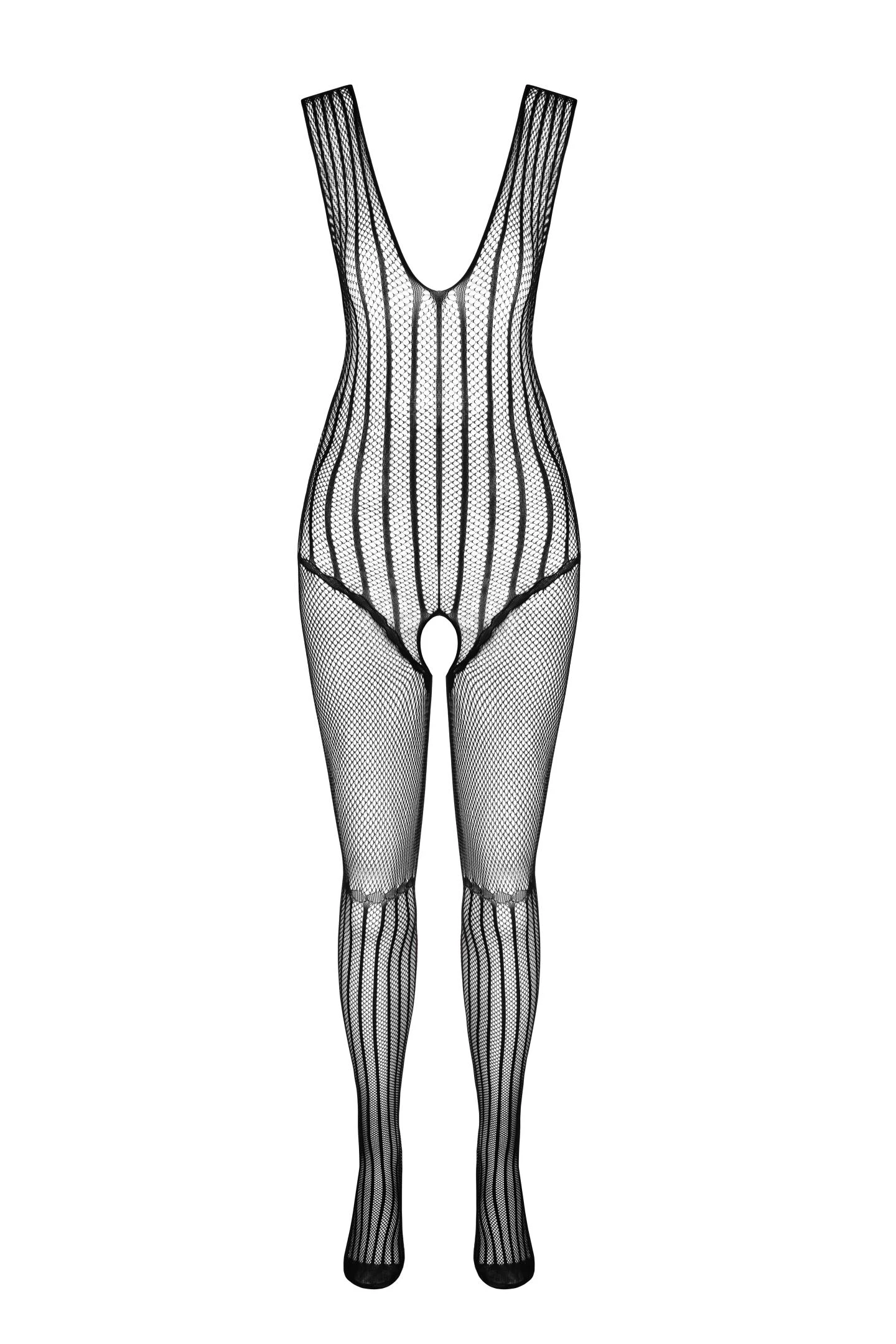 Bodystocking Schwarz Ouvert BS103, Schwarzer Catsuit aus elastischem Netzmaterial mit offenem Schritt für aufregende und sinnliche Momente!