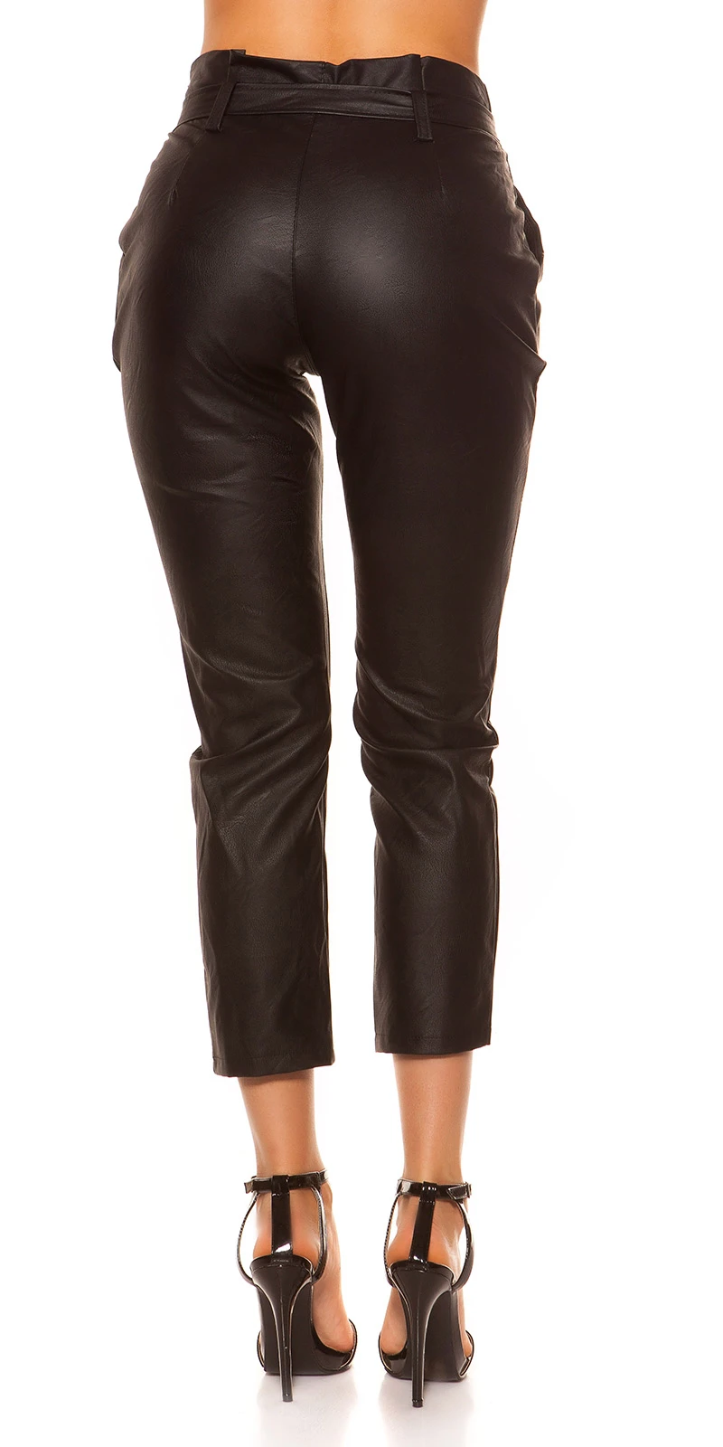 Leder Look Hose High Waist Gürtel 3/4-Länge