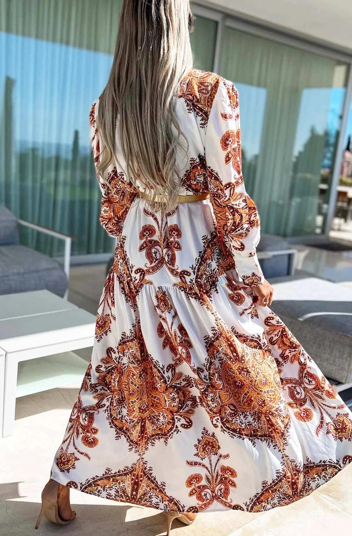 Printed Langarm Maxi Sommer Kleid  mit Knopfleiste