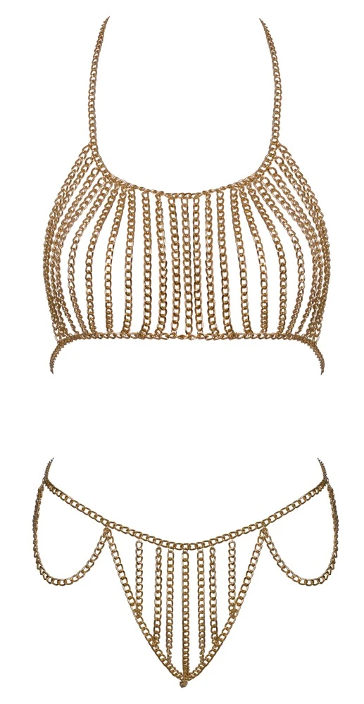 Goldfarbener Ketten-Bikini von Cottelli ACCESSOIRES mit Neckholder-Top und String. Vorne üppiger Kettenbesatz über Brüsten, Schambereich und Hüften.