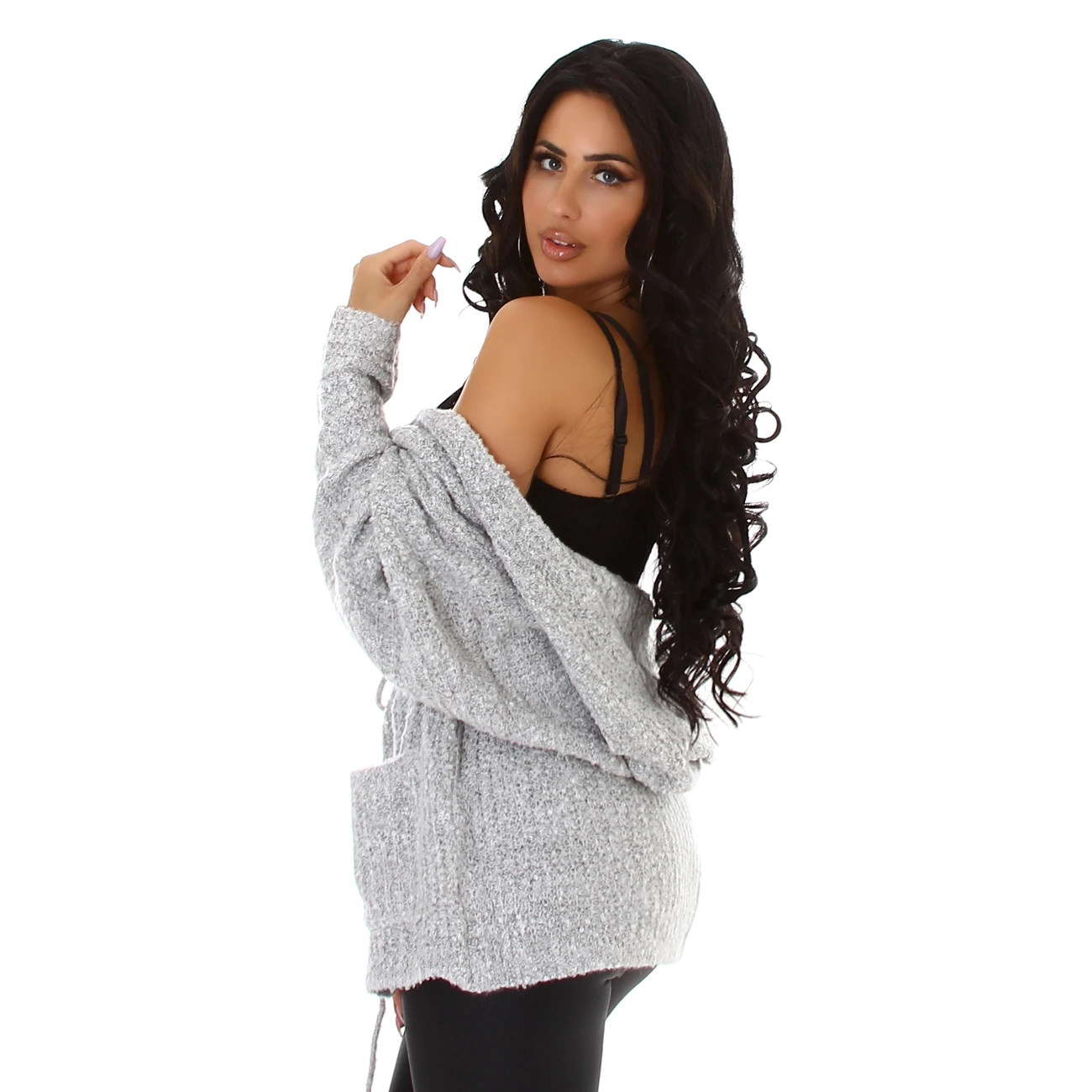 Grobstrick Kapuzen Cardigan mit Taillierung