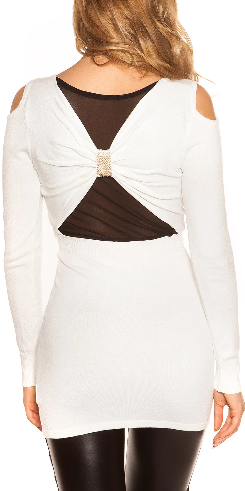 Cold Shoulder V-Neck Long Pullover mit Deko Strass und Mesh Cold Shoulder V-Neck Long Pullover mit Deko Strass und Mesh