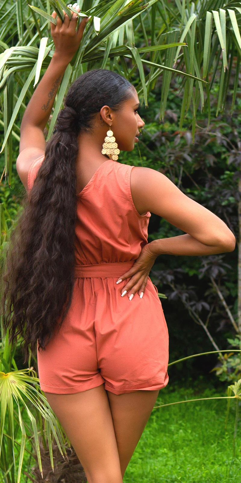 Sommer V-Neck Cotton Jumpsuit Ärmellos mit Deko Knöpfe und Gürtel