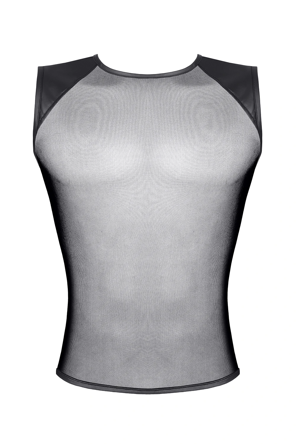 Herren Shirt RMTizian001 schwarz – transparentes Slim-Fit Tanktop mit Wetlook-Schultern für einen markanten Auftritt von Regnes Fetish Planet