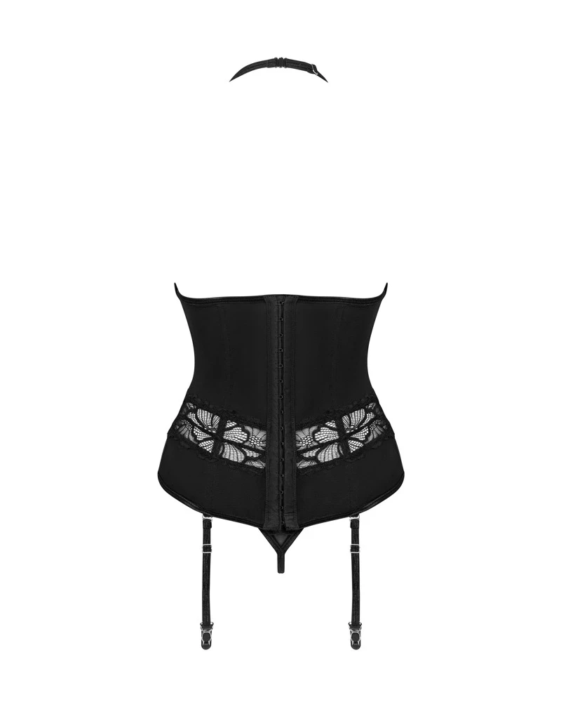 Obsessive Strapshemd und String im schwarzen Set Serafia. Strapshemd im edlen Material-Mix mit zartem Tüll über dem Busen und Spitze vorne und hinten.
