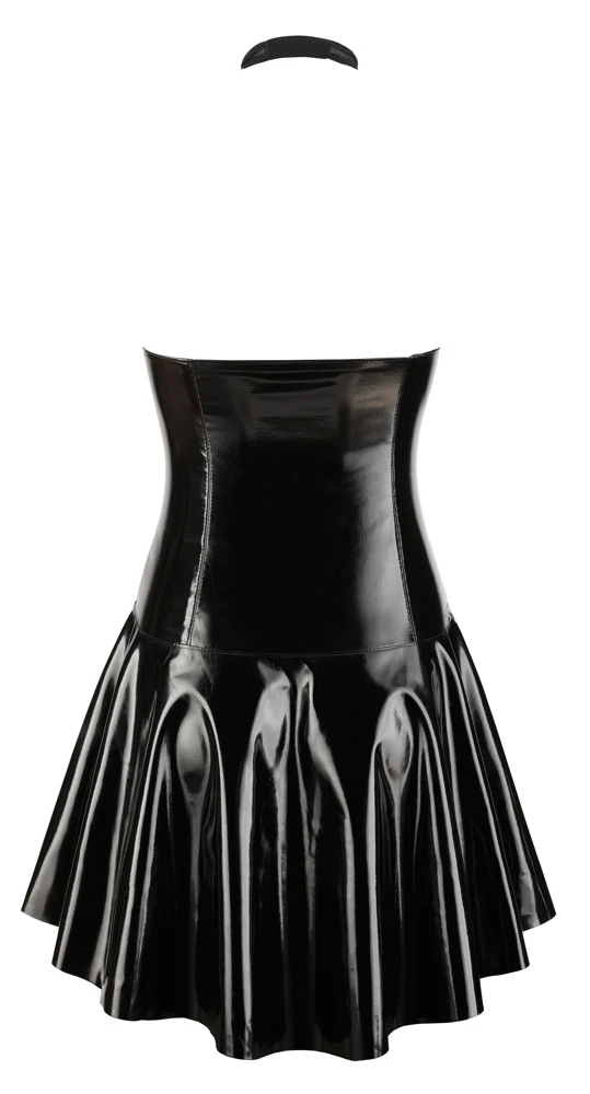 Kurzes Kleid von Black Level komplett im schwarzen Lackglanz mit Cups und Neckholder aus Powernet. In figurnaher Schnittführung mit ausgestelltem Röckchen.