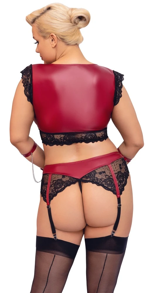 Cottelli Bralette und Highwaist-String mit Strapsen und Armfesseln im edlen Mattlook mit feiner Spitze
