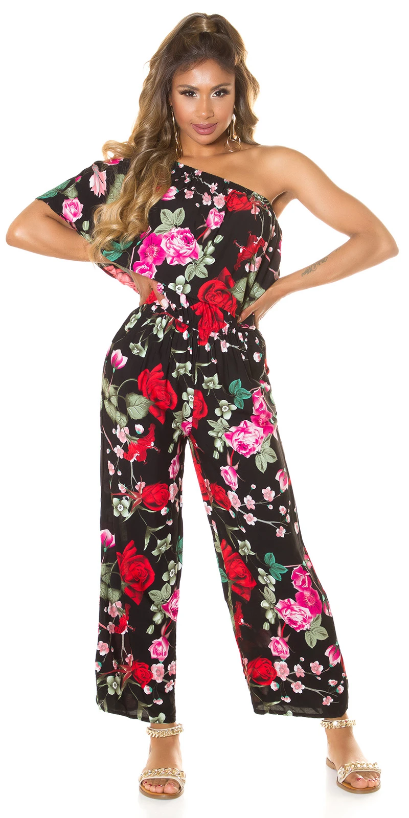 Rose Printed One Shoulder Maxi Marlene Viskose Jumpsuit mit Volant Rose Printed One Shoulder Maxi Marlene Viskose Jumpsuit mit Volant