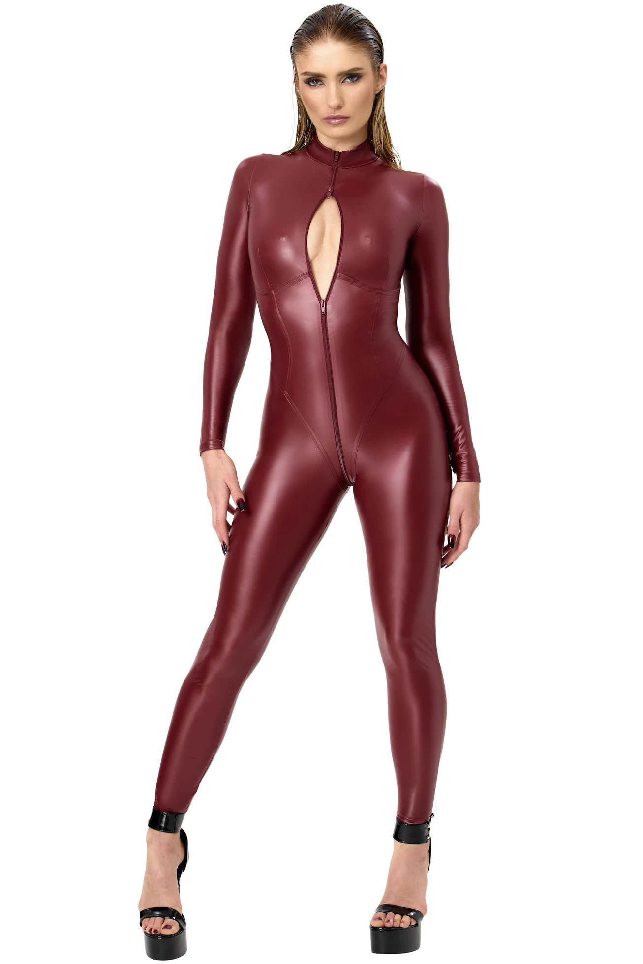 Noir Handmade F395 Wetlook Kinky Overall Burgundy – Aufreizender Neckholder-Catsuit mit 3-Wege-Reißverschluss & Korsett-Nähten