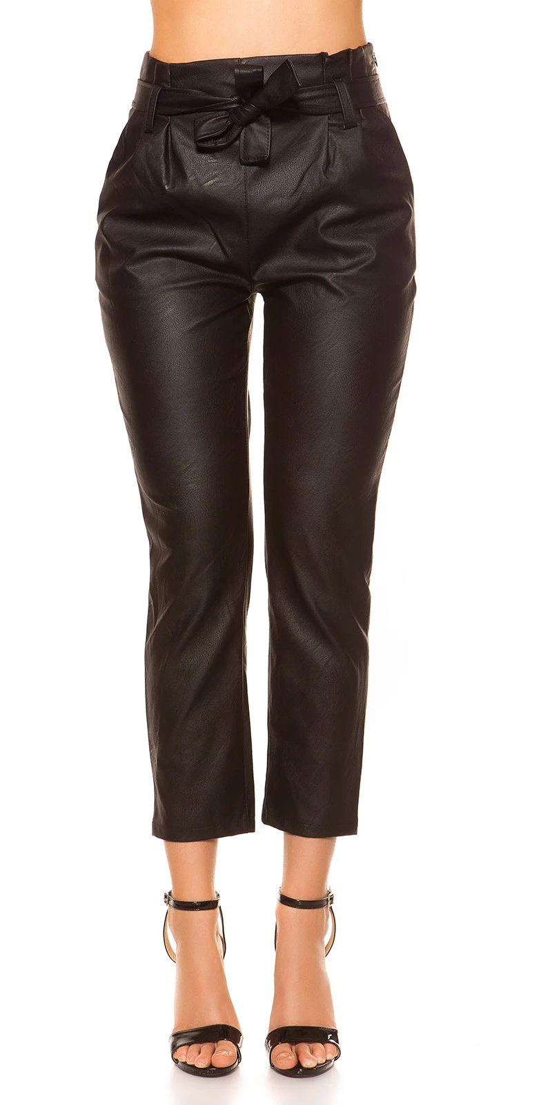 Leder Look Hose High Waist Gürtel 3/4-Länge