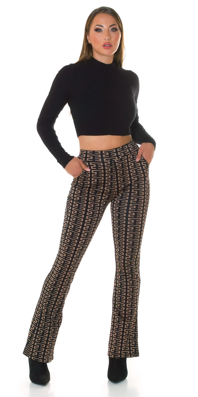 Printed High Waist Stretch Hose mit Schlag Printed High Waist Stretch Hose mit Schlag