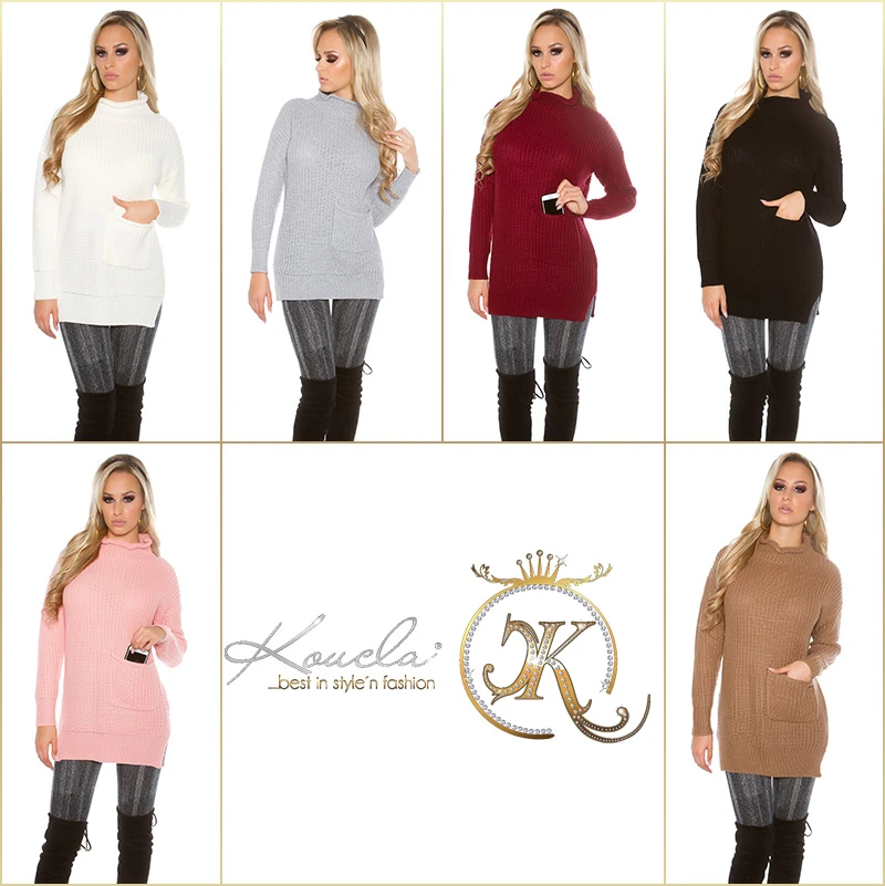 Sexy Grobstrick Rollkragen Pulli mit Tasche