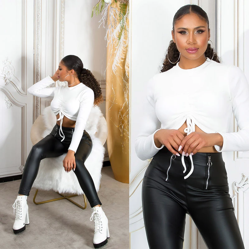 Uni High Waist Leggings im Wet Look mit Deko Zipper