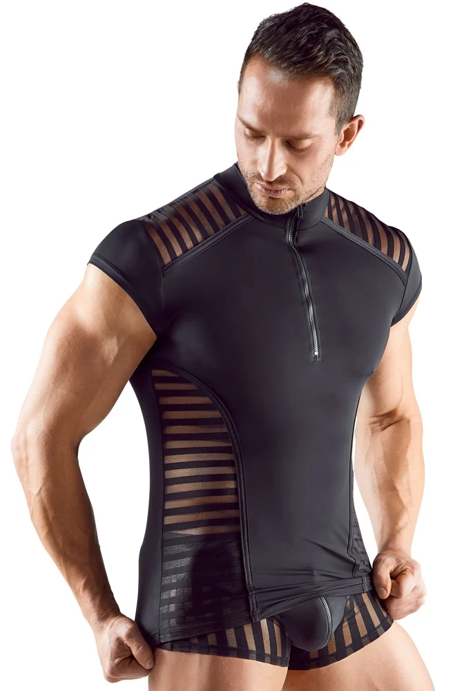 Herren Shirt Figurbetonendes Shirt aus weicher Mikrofaser mit transparenten Streifen-Einsätzen, Stehkragen und Reißverschluss
