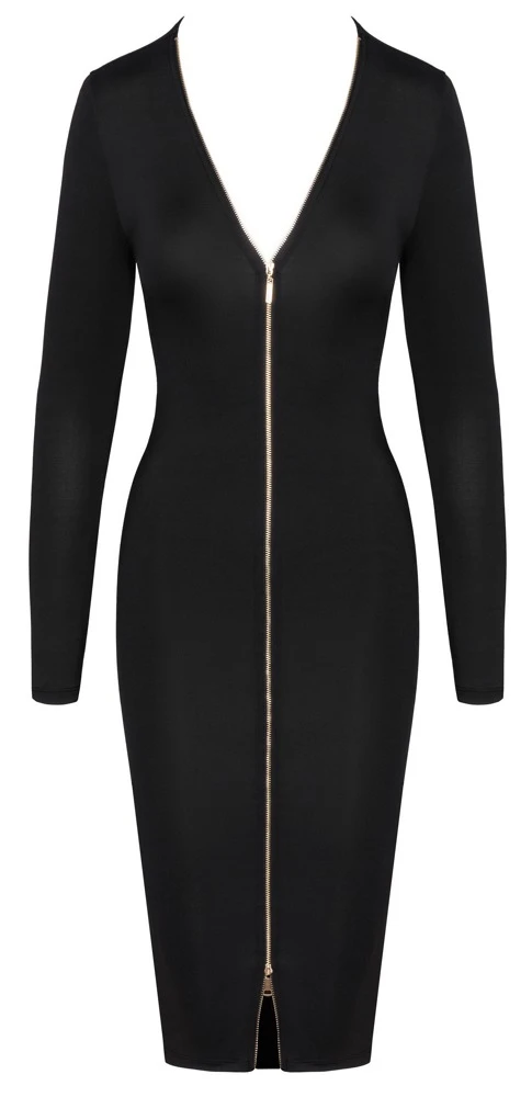 Schwarzes Langarm-Midikleid von Cottelli PARTY mit goldfarbenem 2-Wege-Zipper – figurbetont, anschmiegsam und aufregend wandelbar