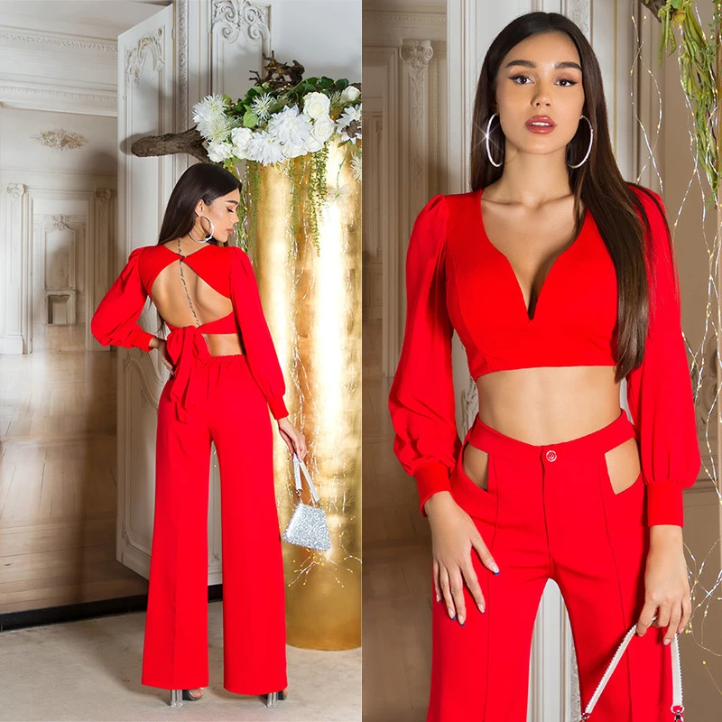 Chic Crop Langarm Blusen V-Neck Top Rückenfrei zum Binden Chic Crop Langarm Blusen V-Neck Top Rückenfrei zum Binden