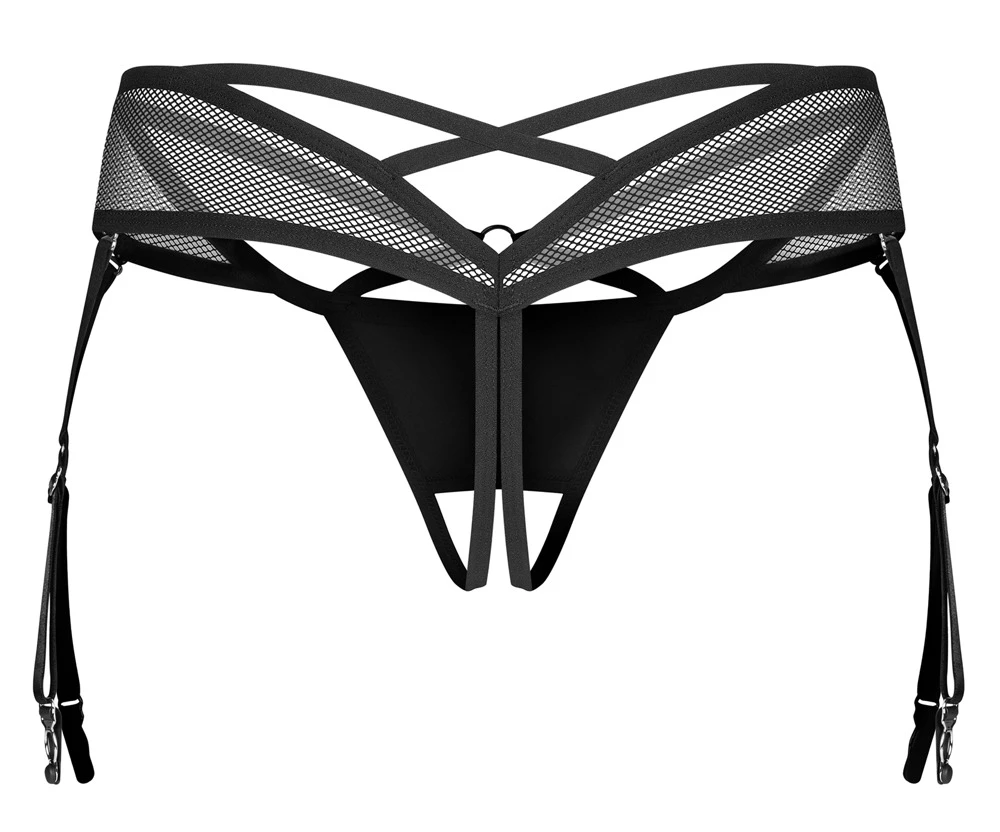 Verführerisch offener Straps-String ouvert Dominna von Obsessive in Wetlook-Netz-Design mit abnehmbaren Strapsen und edlem Schmuckdetail