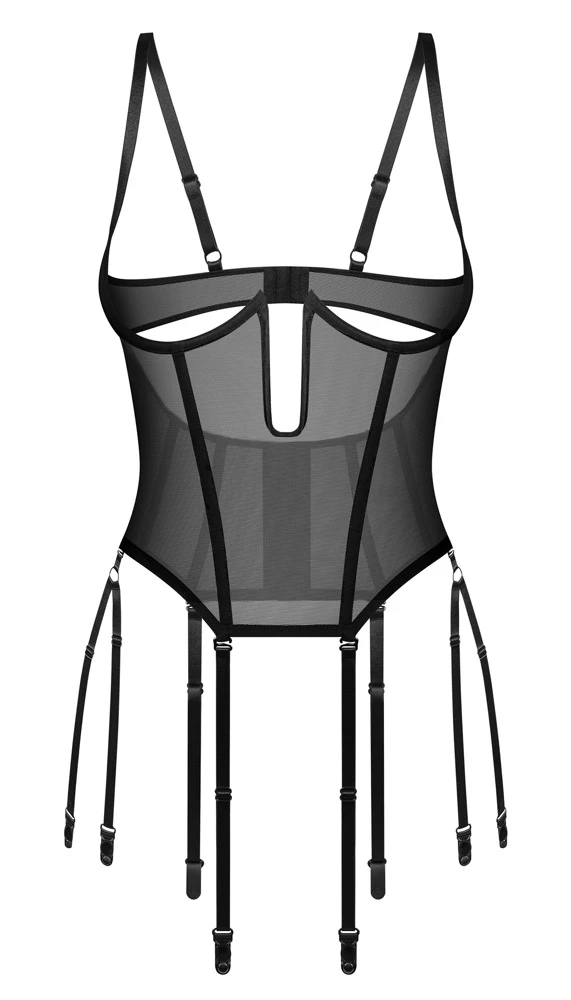 Busenfreie Straps-Corsage Euphori in schwarzem Powernet mit Bügeln, Formstäben, abnehmbaren Strapsen und verstellbaren Trägern von Obsessive