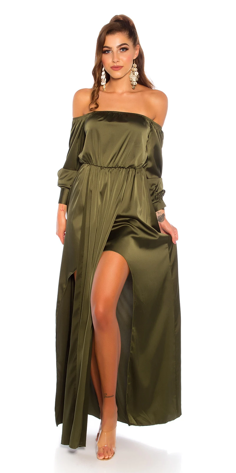 Satin Off Shoulder Maxi Kleid mit High Low-Effekt Satin Off Shoulder Maxi Kleid mit High Low-Effekt