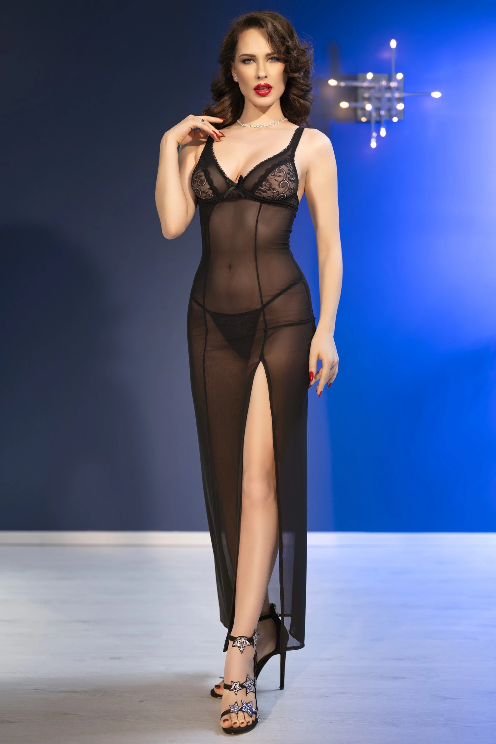 Langes Babydoll + String Schwarz von Chilirose CR4723  Verführerische Spitze & Stretchmaterial, verstellbare Träger, inkl. String