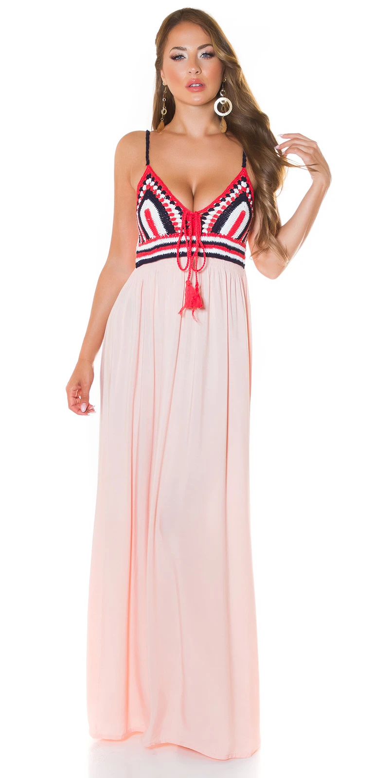 Boho V-Neck Träger Maxi Kleid mit Deko Häkel Partie