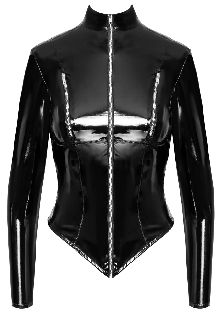 Lack Jacke Zips, Schwarze Kinky Lackjacke von Black Level: Taillierter Schnitt & Metall-Reißverschlüsse für einen einzigartigen Look Lack Jacke Zips, Schwarze Kinky Lackjacke von Black Level: Taillierter Schnitt & Metall-Reißverschlüsse für einen einzigartigen Look