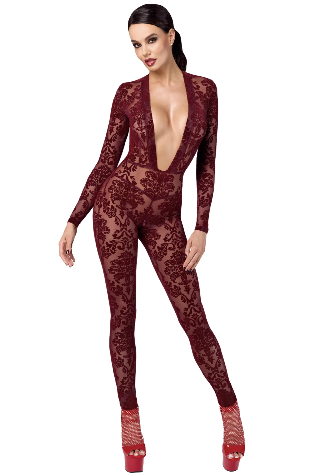 F382 Kinky Royal Overall burgunder aus transparentem Flocktüll mit tiefem Ausschnitt, figurbetonend, langen Ärmeln und 2-Wege-Reißverschluss im Schritt für einen heißen Look von Noir Handmande