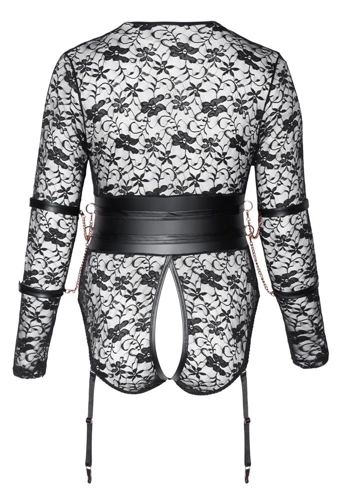 Cottelli Sinnlicher Ouvert-Body: Spitze, Armfesseln und Mattlook-Tailleneinsatz