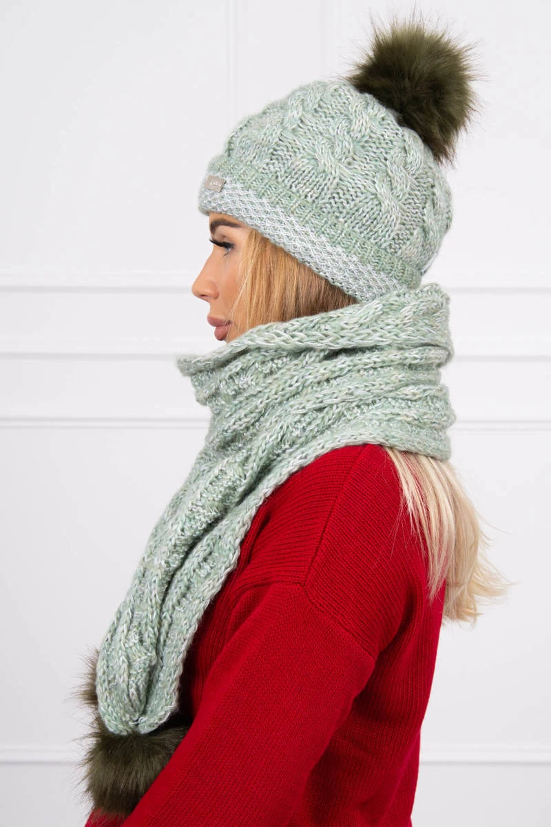Zopfmuster Winter Set aus Mütze und Schal mit Kunstfell Pompons