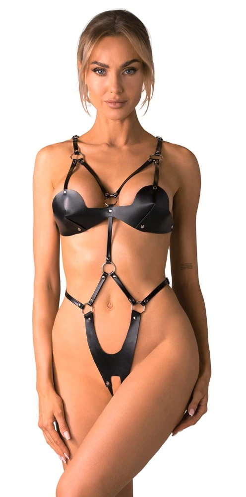 Schwarzer Ouvert-Harness-Body im Harness-Style mit Lederoptik, Riemen-Details und verstellbaren Schnallen
