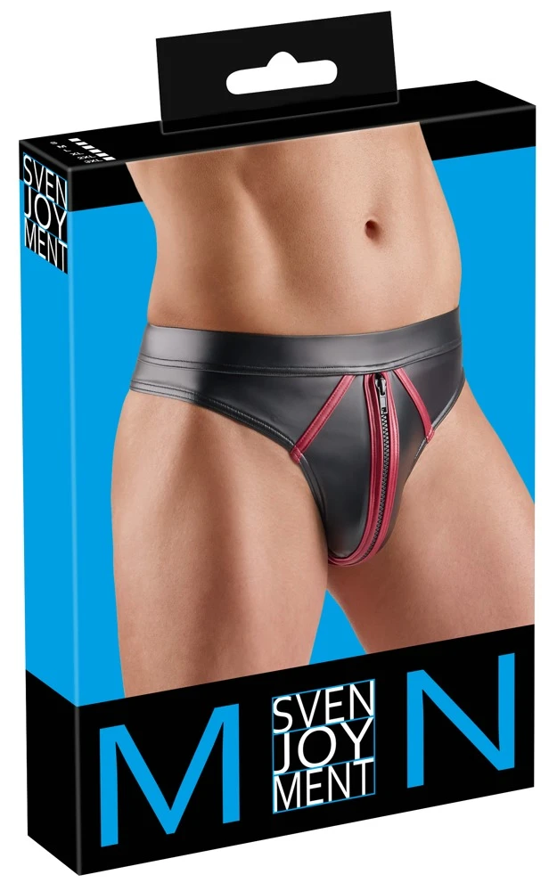 Svenjoyment Riostring im schwarzen Wetlook mit rotem Kontrastdesign und Front-Reißverschluss, elastisch und anschmiegsam für maximalen Tragekomfort und markanten Look