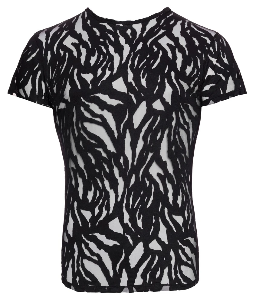 Herren Kurzarm-Shirt schwarz Ausbrenner-Optik transparent weich elastisch figurbetont stylisch anschmiegsam mit Wow-Effekt von Svenjoyment