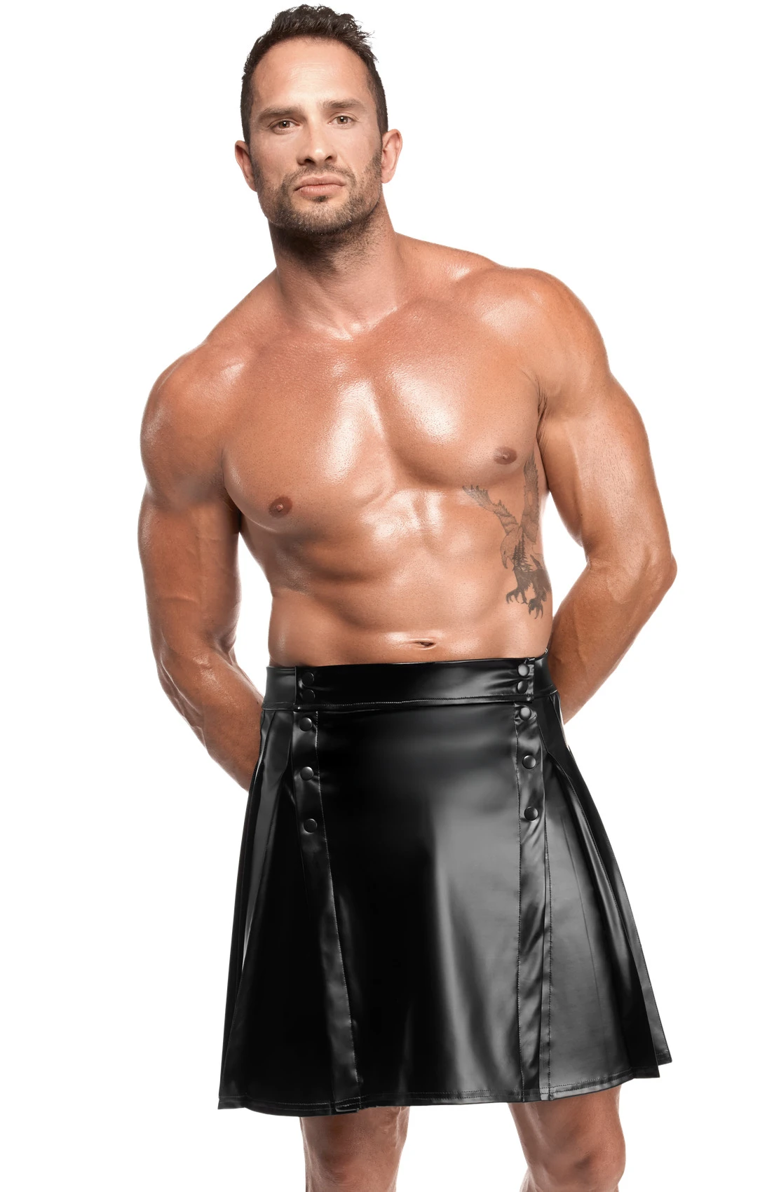 Schwarzer Herren Rock Valor H090 Powerwetlook mit Druckknöpfen vorne, zwei Gehschlitzen, dehnbar, knielang, markanter Kinky Style mit weichem Innenfutter von Noir Handmade Men