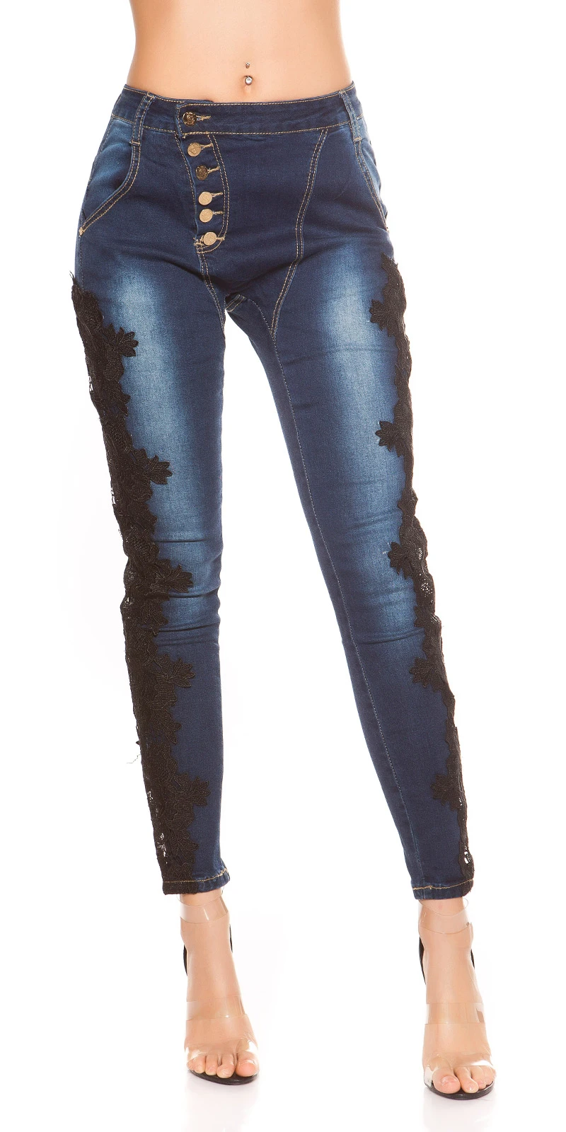 Stylo Skinny Röhren Hüft Jeans mit Deko Spitze und Knopfleiste Stylo Skinny Röhren Hüft Jeans mit Deko Spitze und Knopfleiste