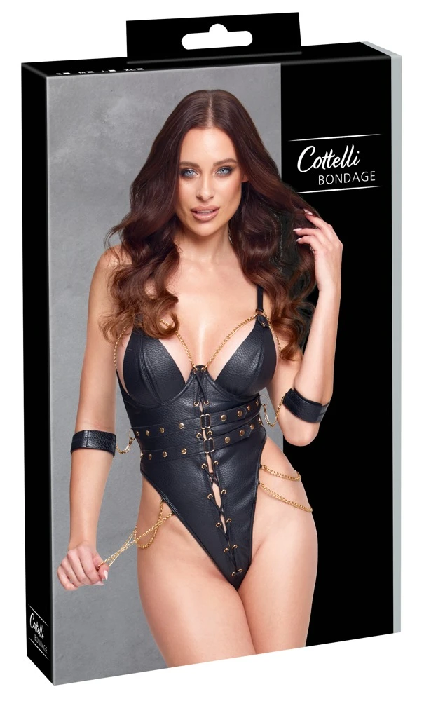 Cottelli BONDAGE Body ouvert Lederlook schwarz mit Schnürung, Ketten, Fesseln Erotische Reizwäche und goldenen Details