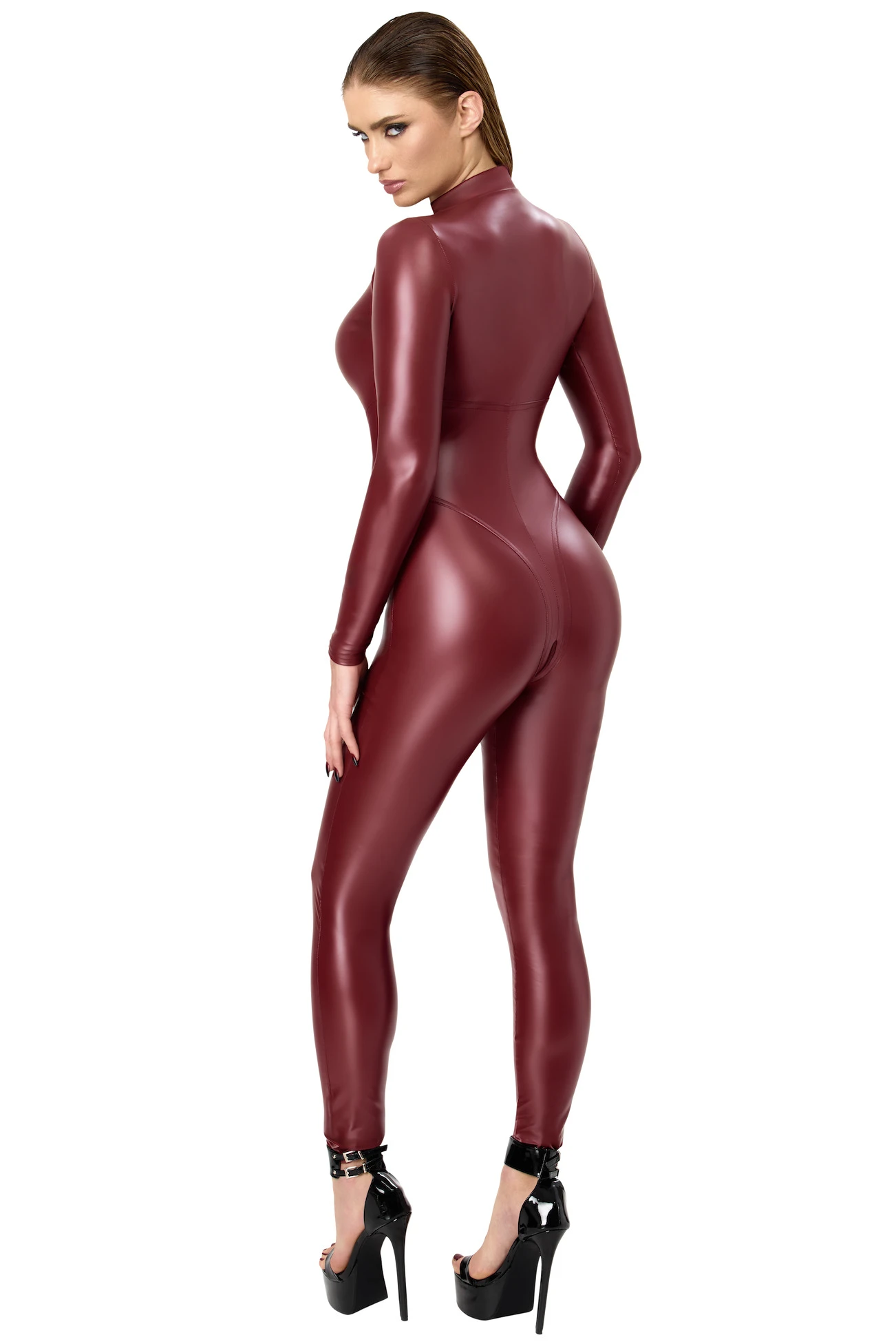Noir Handmade F395 Wetlook Kinky Overall Burgundy – Aufreizender Neckholder-Catsuit mit 3-Wege-Reißverschluss & Korsett-Nähten